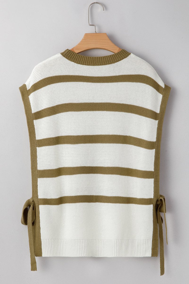 Khaki Stripe Tie Open Side Sweater Knitted Top for Women - Love Salve